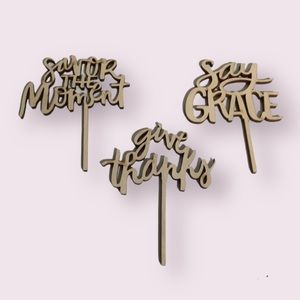 5 for $15 Savor the Moment Wooden Picks Dessert Cake Toppers Floral Decorative
